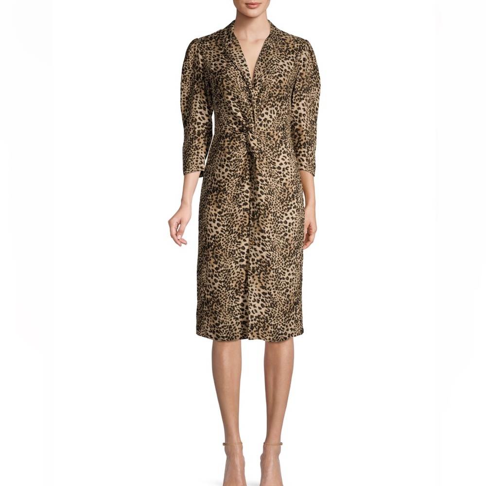 NWT Lynx-Print Short-Sleeve Ruffle Silk Dress